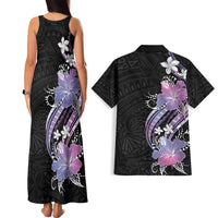 Black Galaxy Polynesian Pattern With Tropical Flowers Couples Matching Tank Maxi Dress and Hawaiian Shirt LT05