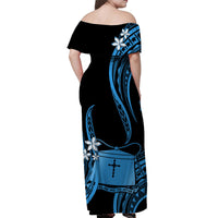 Tokelau Off Shoulder Long Dress Tokelauan Tatau With Badge Blue LT14 - Polynesian Pride