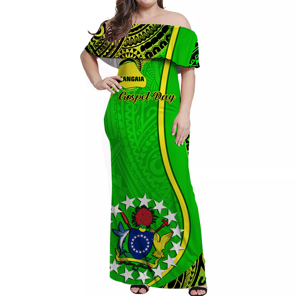 Personalised June 15 Mangaia Gospel Day Cook Islands Off Shoulder Long Dress Green Version LT14 Women Green - Polynesian Pride