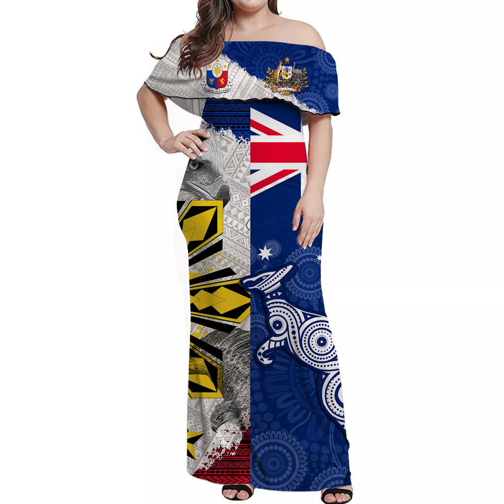 Philippines And Australia Off Shoulder Maxi Dress Aboriginal Polynesian With Coat Of Arms Art LT14 Women Blue - Polynesian Pride