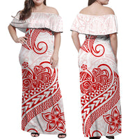 Polynesian Tribal Tattoo Retro Couple Off Long Dress and Hawaiian Shirt Red Screen Color LT9 - Polynesian Pride