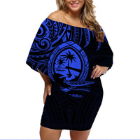 Polynesian Pride Guam With Polynesian Tribal Tattoo and Coat of Arms Off Shoulder Short Dress Blue Version LT9 - Polynesian Pride