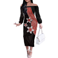 Polynesian Off Shoulder Long Sleeves Dress With Plumeria Flower Red LT6 Women Red - Polynesian Pride
