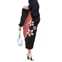 Polynesian Off Shoulder Long Sleeves Dress With Plumeria Flower Red LT6 - Polynesian Pride