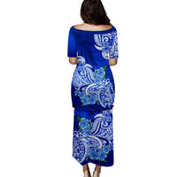 Polynesian Matching Couple Outfit Floral Tribal Puletasi Dress and Hawaiian Shirt Blue LT9 - Polynesian Pride