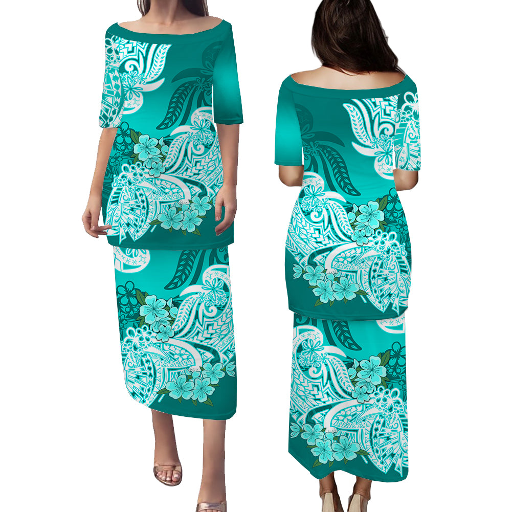 Polynesian Floral Tribal Puletasi Dress Turquoise LT9 Long Dress Turquoise - Polynesian Pride