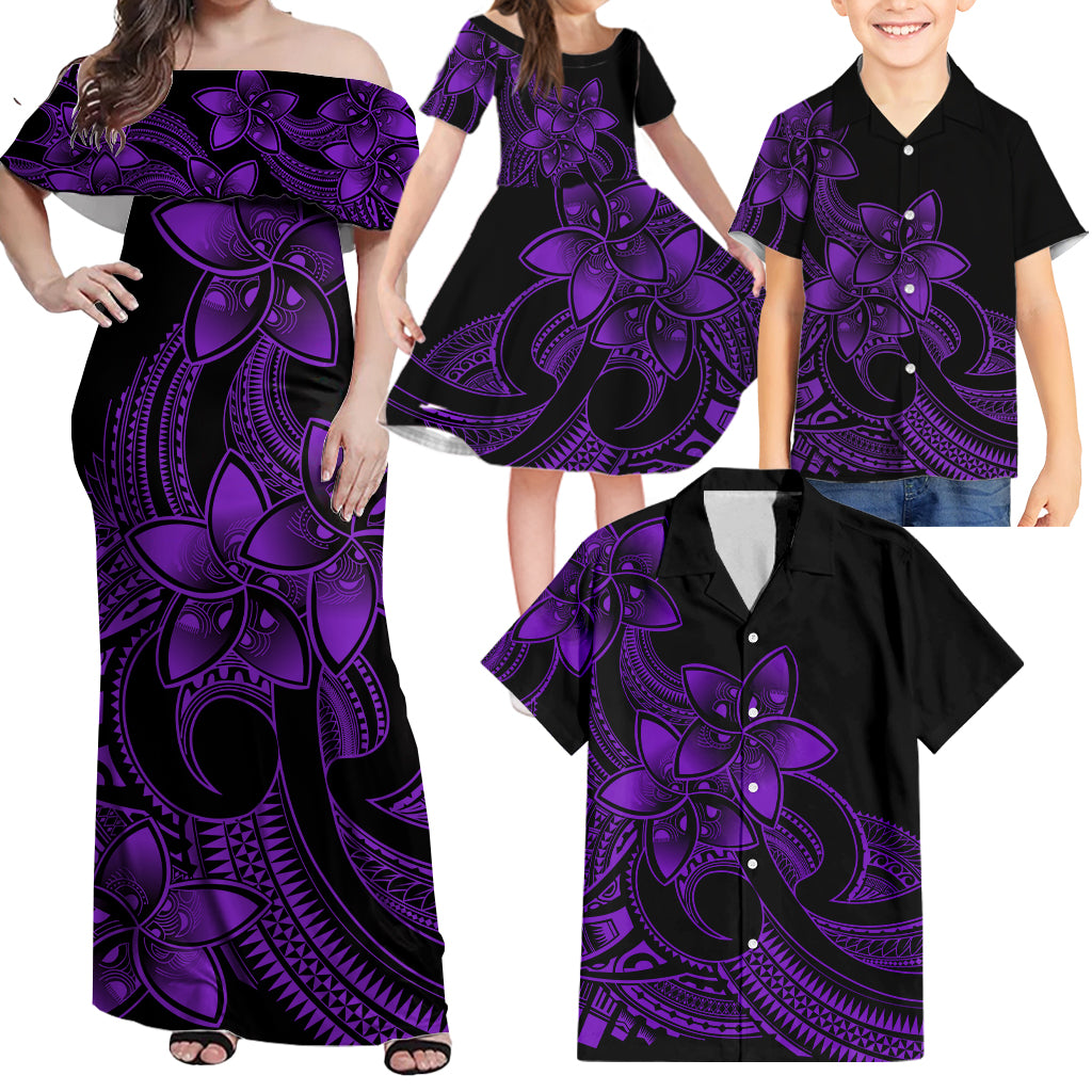 Polynesian Matching Outfit For Family Plumeria Flowers Long Dress Hawaiian Shirt Polynesian Tribal Purple Vibe LT9 Purple - Polynesian Pride