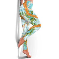 Aloha Festive Hawaii Leggings Mokihana - Maile and Ilima on Turquoise - Polynesian Pride