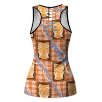 Aloha Hawaii Tiki Palaka Motifs Hollow Tank Top Honohono Lei Orange Elegant Vibes