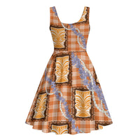 Aloha Hawaii Tiki Palaka Motifs Midi Dress Honohono Lei Orange Elegant Vibes