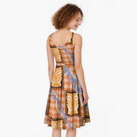 Aloha Hawaii Tiki Palaka Motifs Midi Dress Honohono Lei Orange Elegant Vibes