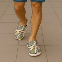 Aloha Puakenikeni Anthurium Pikake Lei Clogs Shoes Chocolate Hawaiian Palaka Pattern