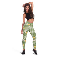 Aloha Puakenikeni Anthurium Pikake Lei Leggings Green Hawaiian Palaka Pattern