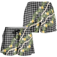 Aloha Puakenikeni Anthurium Pikake Lei Shorts for Women Black Hawaiian Palaka Pattern