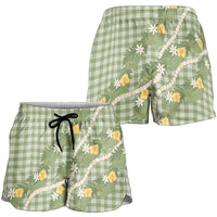Aloha Puakenikeni Anthurium Pikake Lei Shorts for Women Green Hawaiian Palaka Pattern