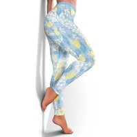 Anthurium Plumeria Lei Pastel Leggings Blue Hawaiian Splendid Palaka LT01 - Polynesian Pride