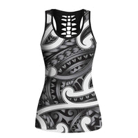 Aotearoa Maori Kowhaiwhai Hollow Tank Top Kiwikiwi Puhoro and Patiki LT9 Female Grey - Polynesian Pride