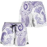 Aotearoa Maori Sea Animals Tribal Shorts for Women Manta Ray and Shark Moko Pattern Purple Color