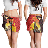 Australia and Papua New Guinea Together Shorts for Women Bird-of-paradise and Kangaroo with Oro Tapa and Aboriginal Art Motifs - Polynesian Pride