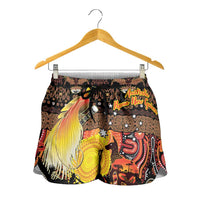 Australia and Papua New Guinea Together Shorts for Women Kangaroo Aboriginal Art and Bird-of-paradise Oro Tribal Motifs - Polynesian Pride