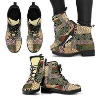 Beige Aotearoa Kowhaiwhai Pattern Leather Boots NZ Maori Quilt Style - Polynesian Pride