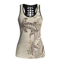 Beige Hawaii Hollow Tank Top Hammerhead Shark Tattoo Curve Polynesian - Polynesian Pride