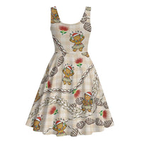 Beige Palaka Hawaii Mele Kalikimaka Midi Dress Ohia Lehua Shell Leis Funny Gingerbread Santa - Polynesian Pride