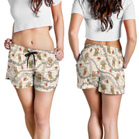 Beige Palaka Hawaii Mele Kalikimaka Shorts for Women Ohia Lehua Shell Leis Funny Gingerbread Santa - Polynesian Pride