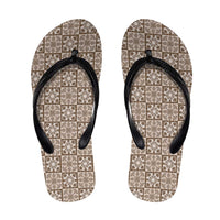 Beige Palaka Quilt Hawaii Flip Flops Hawaiian Tropical Monstera Sea Turtle