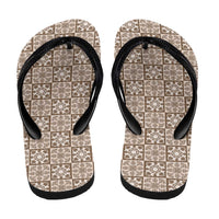 Beige Palaka Quilt Hawaii Flip Flops Hawaiian Tropical Monstera Sea Turtle