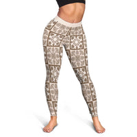 Beige Palaka Quilt Hawaii Leggings Hawaiian Tropical Monstera Sea Turtle