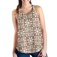 Beige Palaka Quilt Hawaii Women Racerback Tank Hawaiian Tropical Monstera Sea Turtle