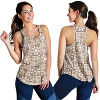 Beige Palaka Quilt Hawaii Women Racerback Tank Hawaiian Tropical Monstera Sea Turtle