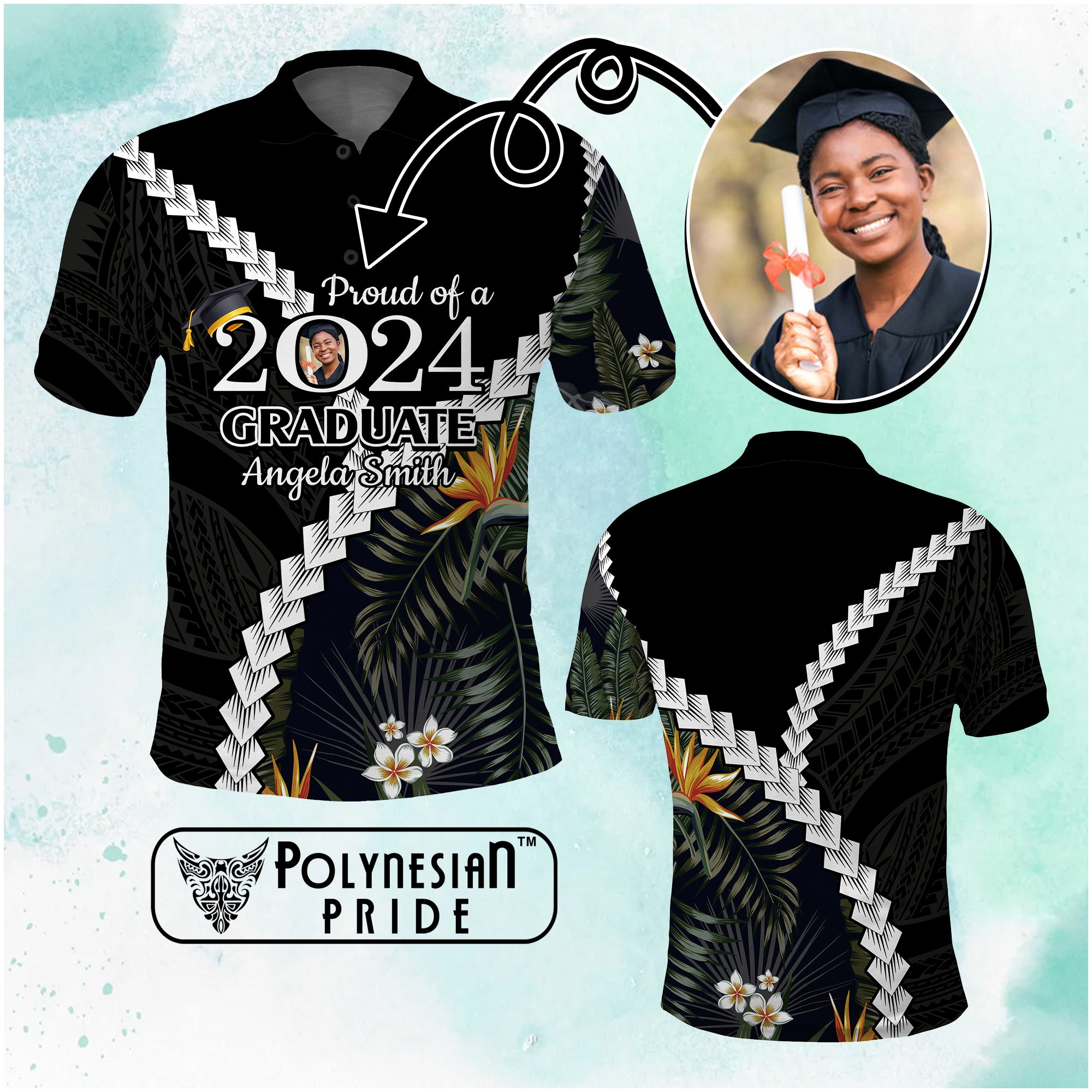 Custom Photo Polynesia Graduation Polo Shirt Proud Polynesian Tropical Flowers CTM14