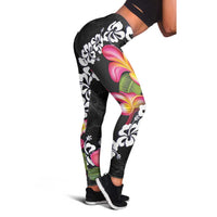 Black Polynesia Leggings Plumeria With Hibiscus Pattern Tropical Vibes - Polynesian Pride