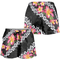 Black Polynesia Shorts for Women Plumeria With Hibiscus Pattern Tropical Vibes - Polynesian Pride