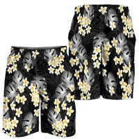 Black Tropical Hawaii Shorts for Men Seamless Monstera Plumeria Hawaiian Pattern - Polynesian Pride