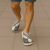 Black Vintage Tonga Ngatu Pattern With Plumeria Clogs Shoes - Polynesian Pride