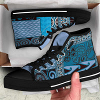 Blue Aotearoa Kowhaiwhai Pattern High Top Shoes NZ Maori Quilt Style - Polynesian Pride