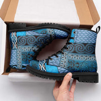Blue Aotearoa Kowhaiwhai Pattern Leather Boots NZ Maori Quilt Style - Polynesian Pride