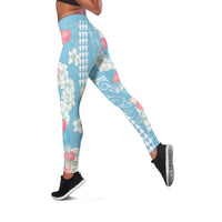 Blue Hawaii Anthurium Plumeria Lei Leggings LT9 Blue - Polynesian Pride