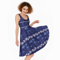 Blue Hawaii Palm Tree Hibiscus Midi Dress Fantasy Summer Vibe