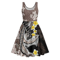 Brown and Black Hawaii Shark Tattoo Midi Dress Puakenikeni Lei Plumeria Polynesian Pattern - Polynesian Pride