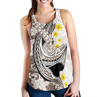 Brown and White Hawaii Shark Tattoo Women Racerback Tank Puakenikeni Lei Plumeria Polynesian Pattern - Polynesian Pride