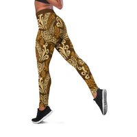 Brown Gold Monstera Leggings Polynesian Tribal Pattern - Polynesian Pride