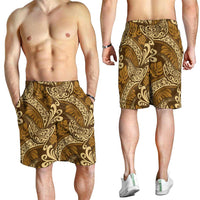 Brown Gold Monstera Shorts for Men Polynesian Tribal Pattern - Polynesian Pride