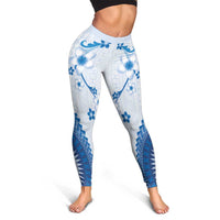Bula Fiji Leggings Blue Plumeria Masi Tapa Pattern - Polynesian Pride