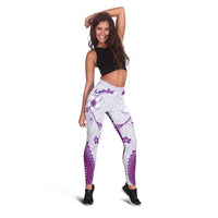 Bula Fiji Leggings Violet Plumeria Masi Tapa Pattern - Polynesian Pride