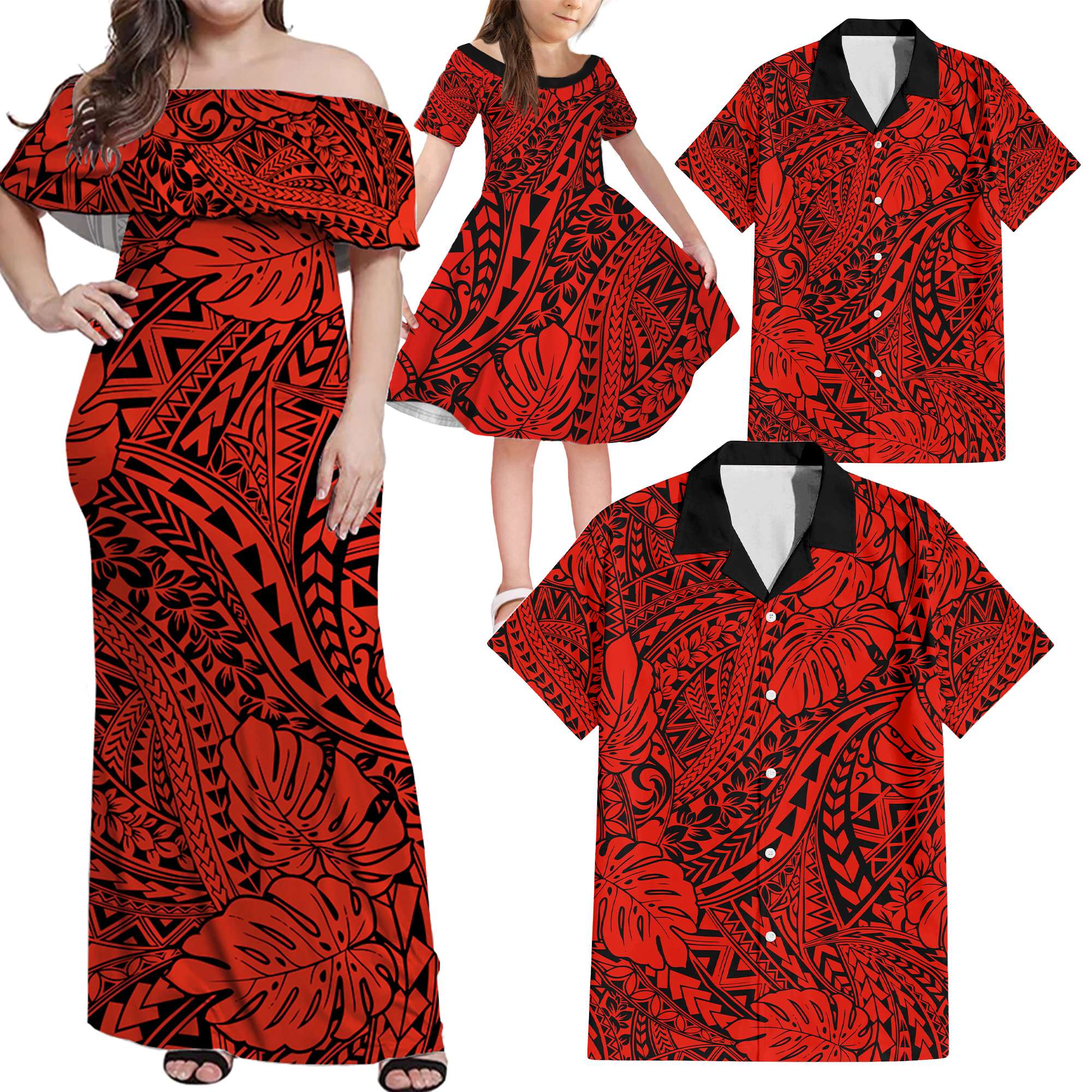 Red Hawaii Family Matching Off Shoulder Maxi Dress And Hawaiian Shirt Tribal Art LT14 - Polynesian Pride