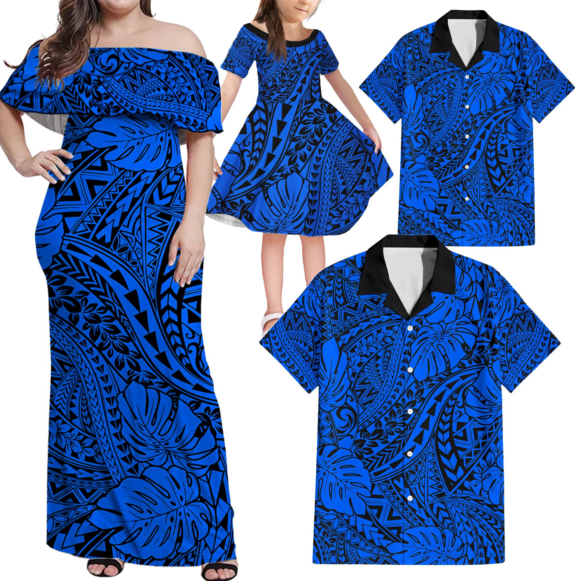 Blue Hawaii Family Matching Off Shoulder Maxi Dress And Hawaiian Shirt Tribal Art LT14 - Polynesian Pride